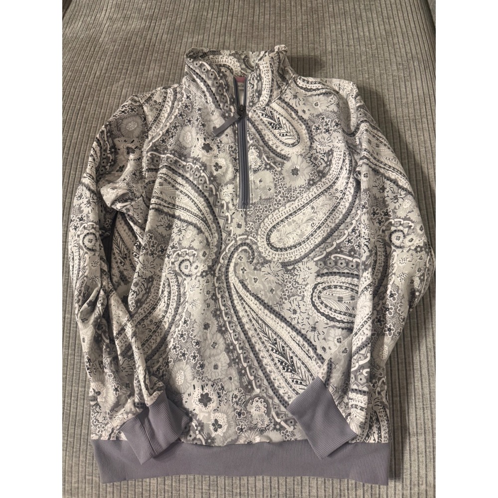 Vera Bradley Gray White Paisley Floral Quarter Zip Pullover Sweatshirt Womens M